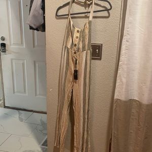 Boho linen striped romper / open back!